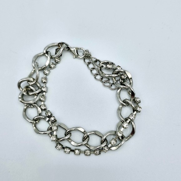 Rhinestone Bracelet Tennis Chain Link Double Strand Statement Jewelry Silvertone - Picture 7 of 9
